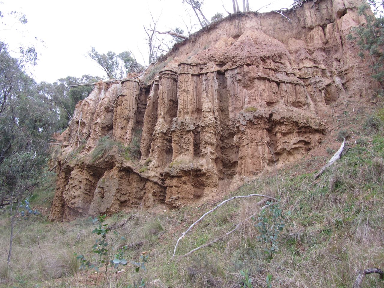 Unnatural land forms left by alluvial mining in another area.